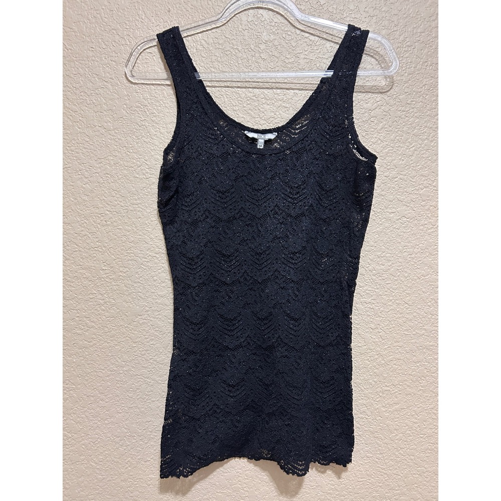 BKE Medium Crochet Tank Top Black Y2K Metallic Sparkle Scoop Neck Slim Fit
